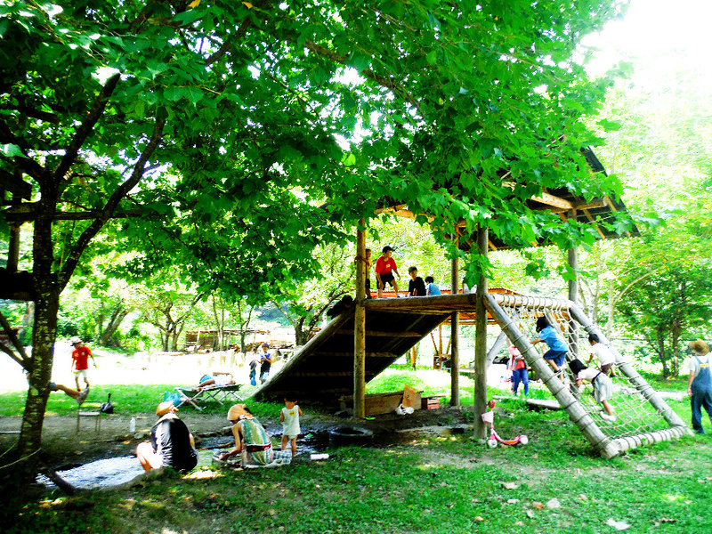 自然の中の遊び場で遊ぶ子どもたち